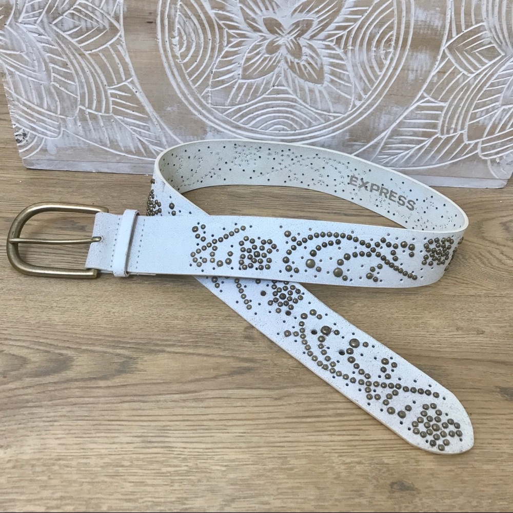 Express M Wide White Leather Belt with Gold Studs